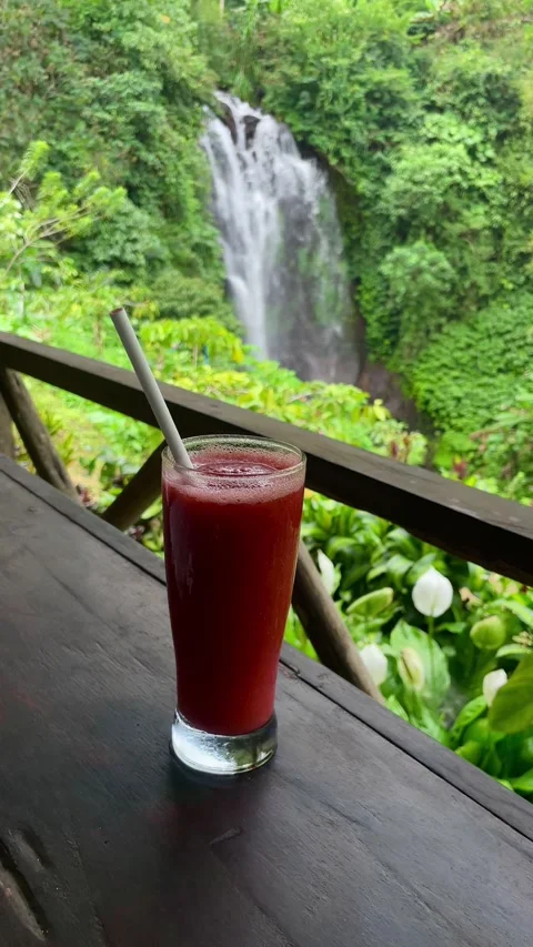 Vertical slow motion of fresh red smoothie with Bali waterfall background Stock Footage 338286939