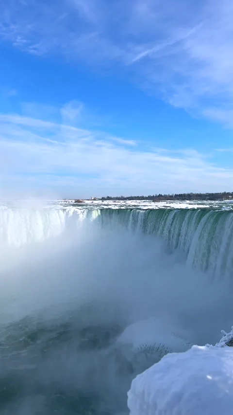 Vertical Slow Motion Horseshoe Falls With Rainbow In Freezing Winter Mist Stock-Footage 342331297