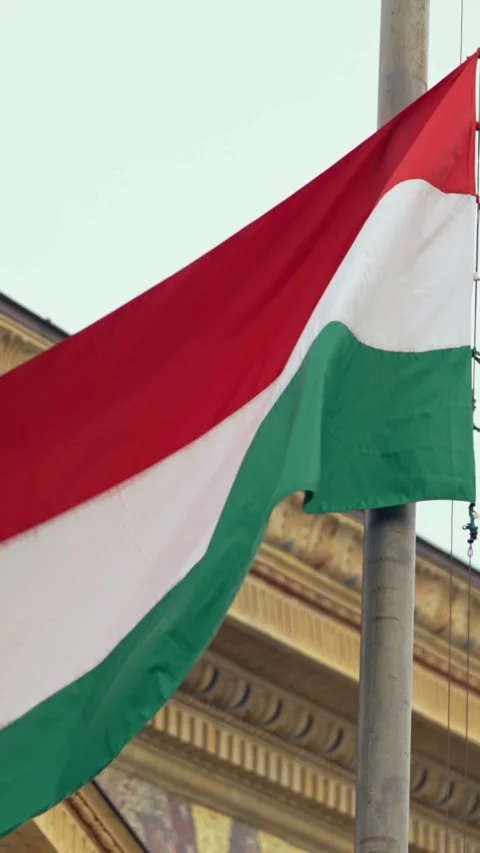 Vertical Slow motion of Hungarian flag waving on historical site Stock Footage 310853654