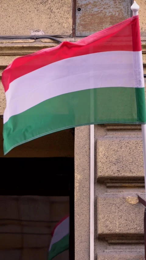 Vertical Slow motion of Hungarian flag in Budapest under sunny sky Stock Footage 313007920