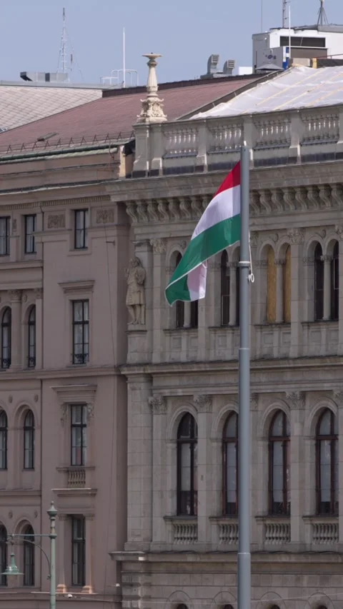 Vertical Slow motion of Hungarian flag with historic architecture Stock Footage 313007929