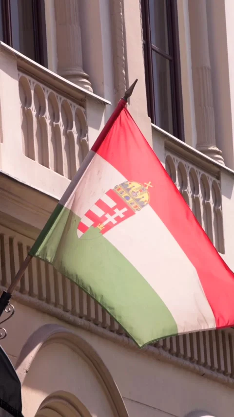 Vertical Slow motion of Hungarian flag on ornate building in Budapest Stock Footage 313497665