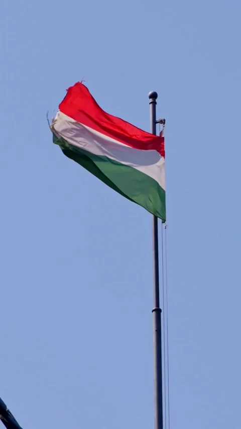 Vertical Slow motion of Hungarian flag waving high on a pole Stock Footage 314233942