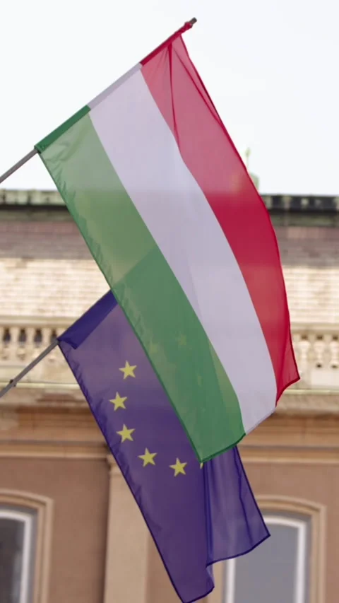 Vertical slow motion of Hungary and European Union flags waving in Budapest Stock Footage 290478214