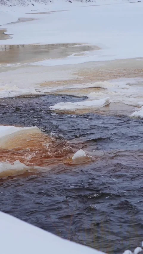Vertical Slow Motion: Icy Winter River Rapids with Swirling Current and Slush - Stock Footage 326214534