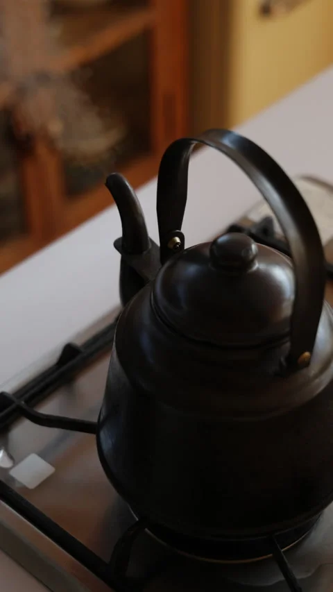 Vertical slow motion kettle on a kitchen gas stove in Japan Video stock 348196762