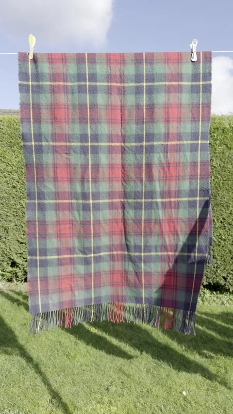 Vertical - Slow motion of a large tartan scarf blowing dry on a washing line. Stock-Footage 303089699