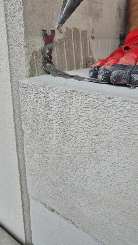 Vertical Slow Motion Nailing Metal Strap to Concrete Wall Video stock 344431720