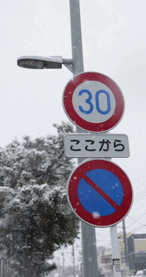 Vertical slow motion no parking and speed limit signs in snow in Japan Video stock 348217338