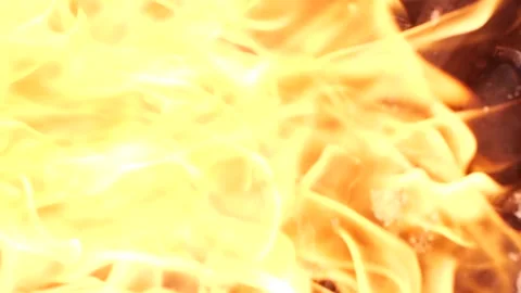 Vertical slow motion real burning fire flame, close-up night bonfire, fireplace Stock Footage 200804369