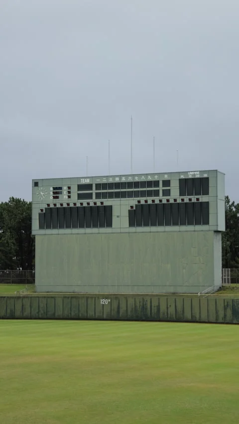 Vertical slow motion scoreboard over a baseball outfield in Japan Video stock 348586567
