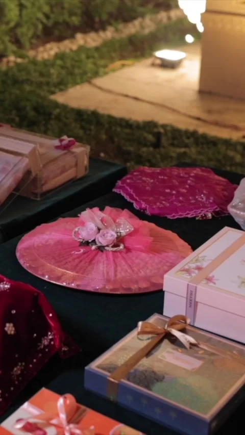 Vertical Slow Motion Shot of Decorative Gift Hampers at an Indian Wedding Video stock 337452947
