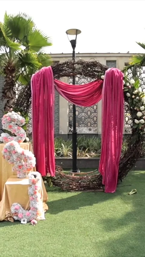 Vertical Slow Motion Shot of Indian Wedding Venue Decoration in India Stock Footage 331559541