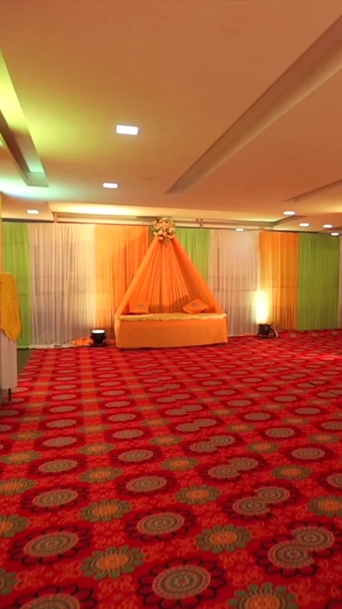 Vertical Slow Motion Shot of Indian Wedding Venue Decoration in India Stock Footage 331559631