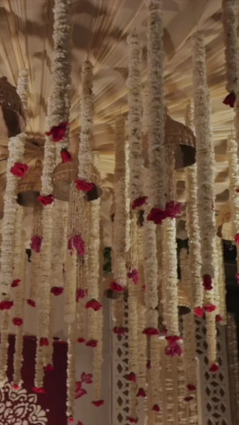 Vertical Slow Motion Shot of Indian Wedding Venue Decoration in India Stock Footage 335736414