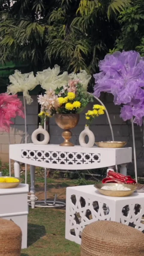 Vertical Slow Motion Shot of Indian Wedding Venue Decoration in India Stock Footage 335736426