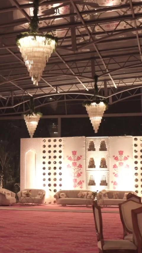 Vertical Slow Motion Shot of Indian Wedding Venue Decoration in India Stock Footage 335736442