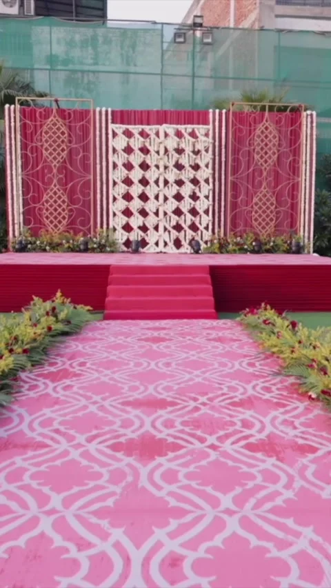 Vertical Slow Motion Shot of Indian Wedding Venue Decoration in India Stock Footage 335736484