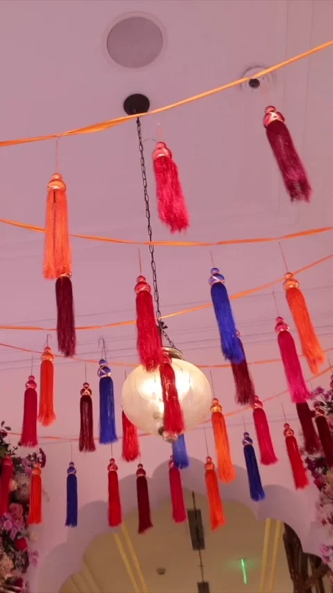 Vertical Slow Motion Shot of Indian Wedding Venue Decoration in India Stock Footage 335736493