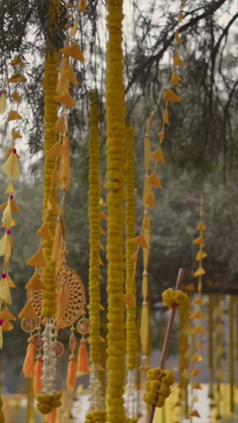 Vertical Slow Motion Shot of Indian Wedding Venue Decoration in India Stock Footage 337405420