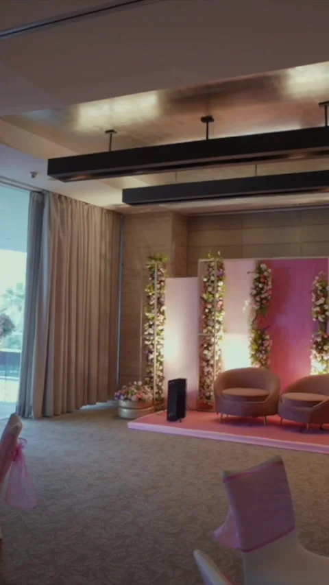 Vertical Slow Motion Shot of Indian Wedding Venue Decoration in India Stock Footage 337405546