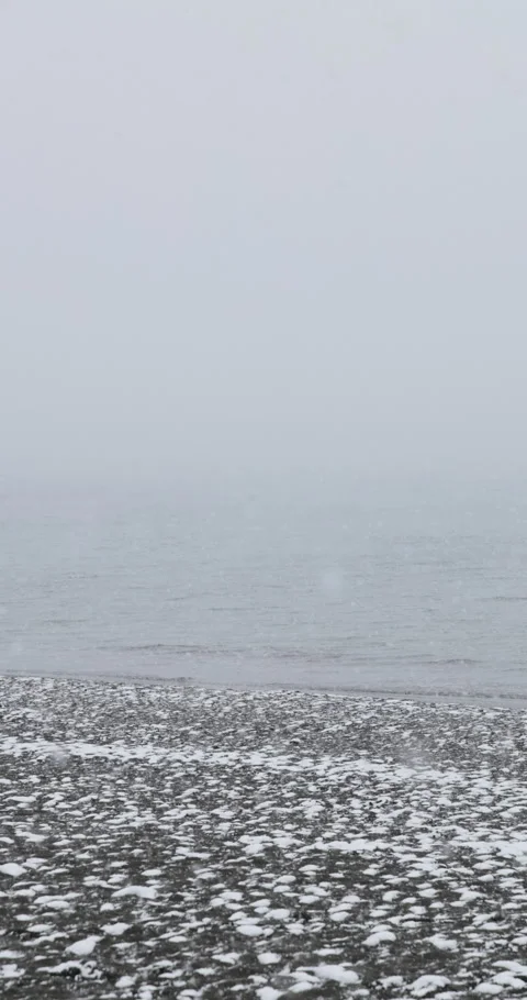 Vertical slow motion snow covered shore and calm sea in fog in Japan Video stock 348204494