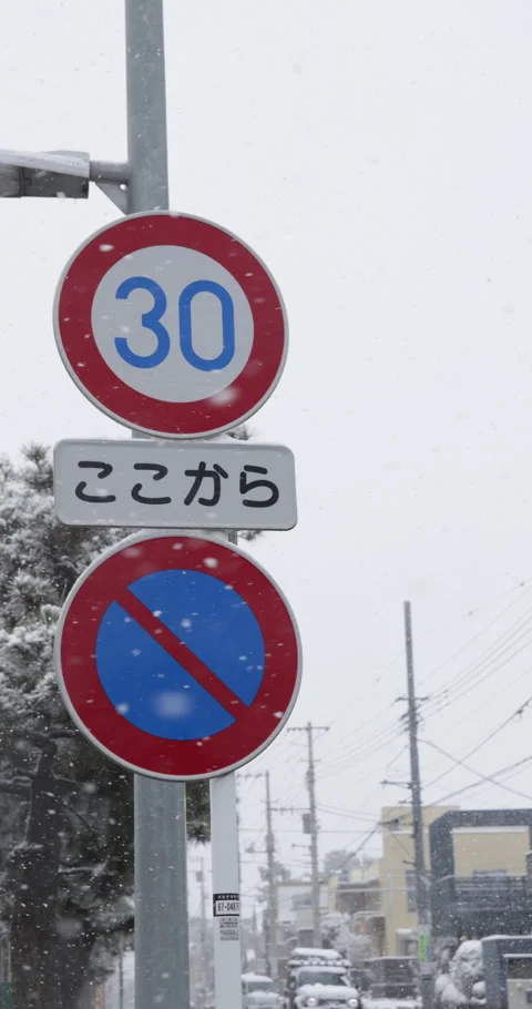 Vertical slow motion speed limit 30 sign in the snow in Japan Video stock 348217242