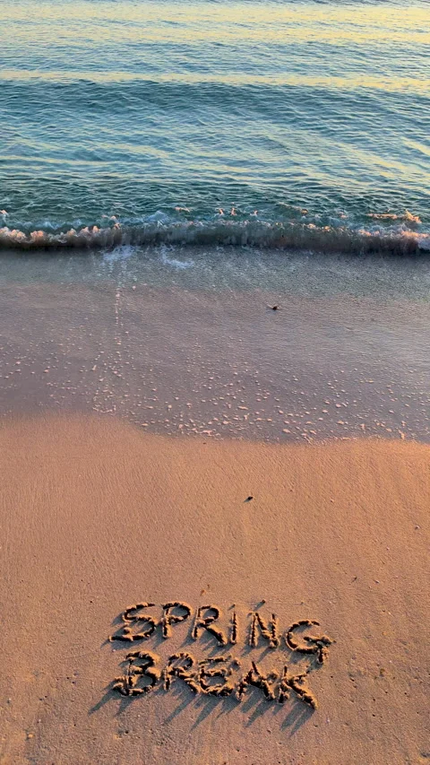 Vertical slow motion of Spring Break written on sand at sunset Stock Footage 331001302