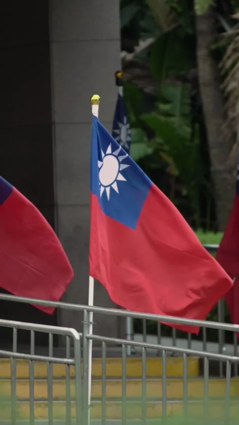 Vertical Slow motion of Taiwan flag waving against modern building Stock Footage 314466333