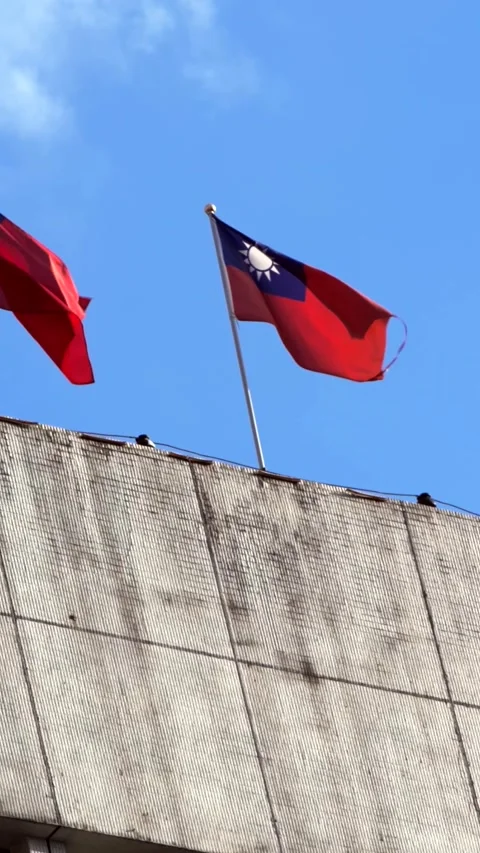 Vertical Slow motion of Taiwan flag waving on a pole with green background Stock Footage 315785651