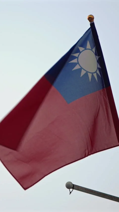 Vertical Slow motion of Taiwan flag waving on a pole against sky Stock Footage 318671743