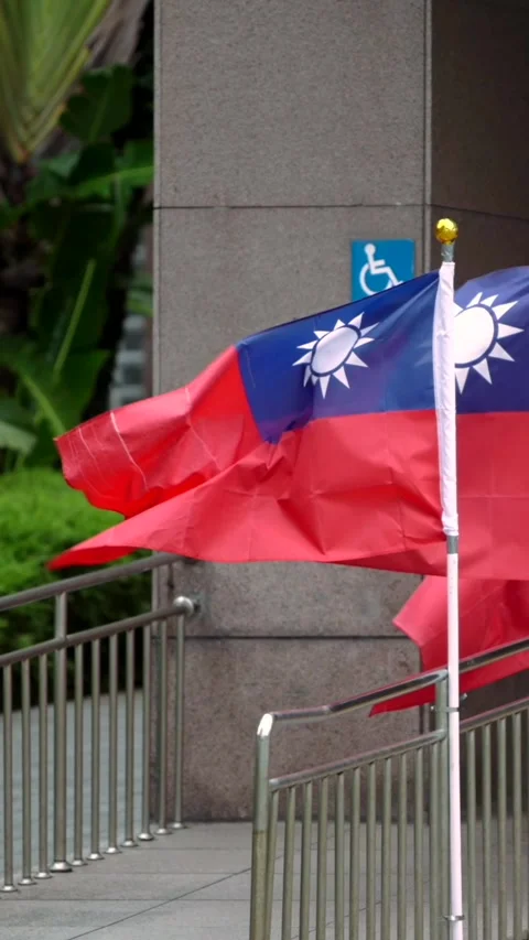 Vertical Slow motion of Taiwan flag display at building entrance with greenery Stock Footage 318671774