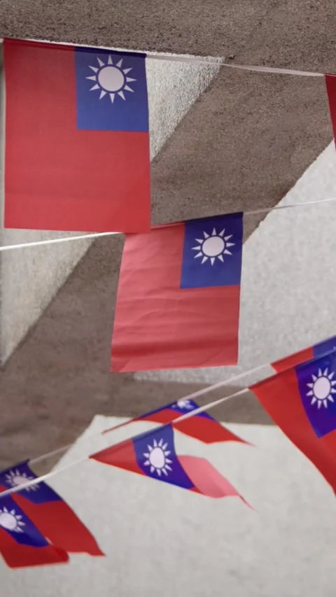 Vertical Slow motion of Taiwan flags hanging in rows outdoors Stock Footage 316700318