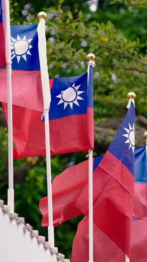Vertical Slow motion of Taiwan flags arranged under a concrete roof Stock Footage 317403117