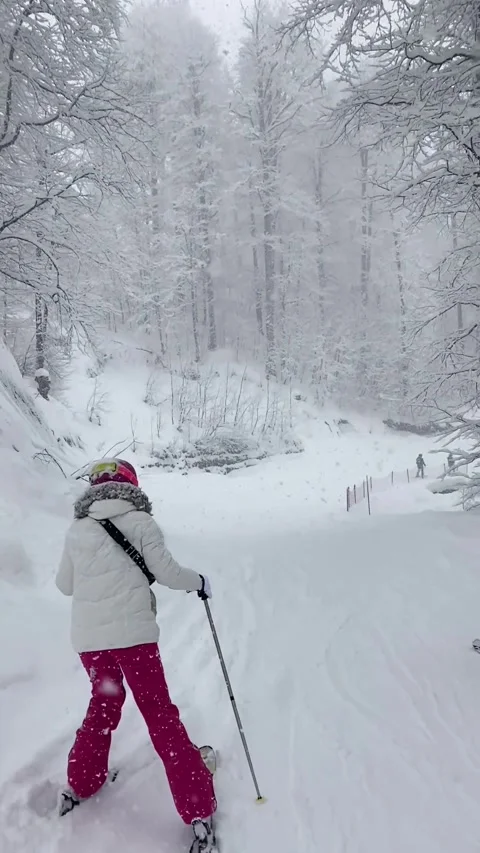 Vertical slow motion video. Heavy snowfall falls on trees and skiers in large Stock Footage 289024388