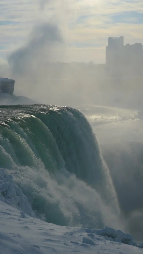 Vertical Slow Zoom Out From American Falls Revealing Winter Mist Stock-Footage 342331671