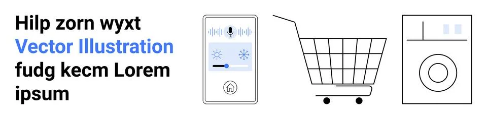 Vertical smart home device with screen displaying controls, shopping cart, an Illustrazione stock