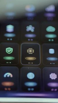 Vertical smartphone interface presents a centered gold processor Foto stock