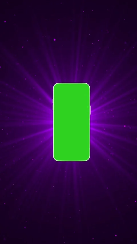 Vertical smartphone mockup green screen stands purple radial light rays floating Stock Footage 340553794
