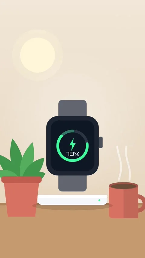 Vertical smartwatch charging on a dock with ring progress on a cozy desk 스톡 동영상 348618007