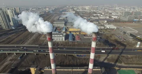 VERTICAL SMOKE STACKS BURNING COAL AT FACTORY IN CHINA - GLOBAL WARMING Stock Footage 61815131