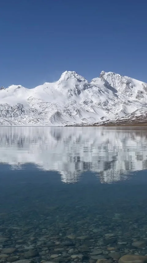 Vertical Snow Capped Mountain Peaks Reflection in Blue Lake Stock-Footage 333018983