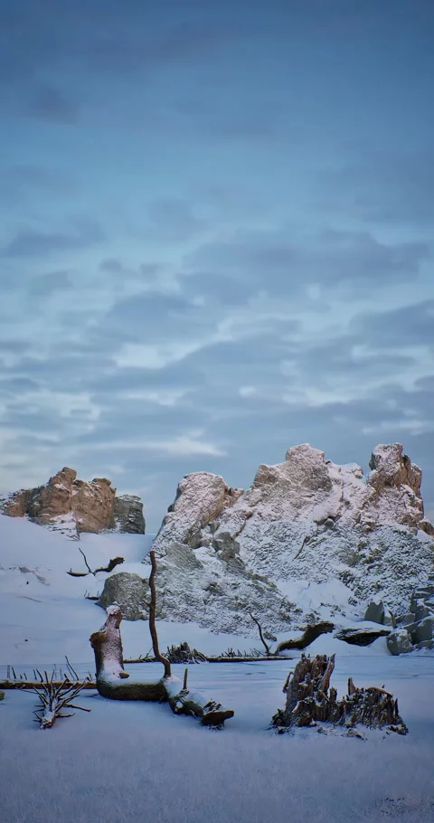Vertical snowy mountain range with a clear blue sky Stock Footage 292850035