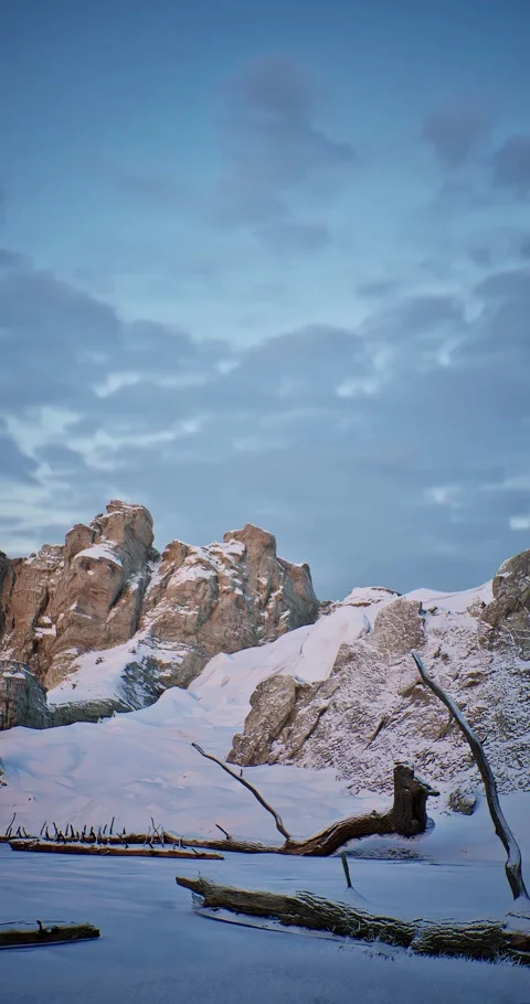 Vertical snowy mountain range with a clear blue sky Stock Footage 292850045