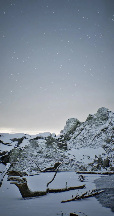 Vertical Snowy mountain range with a lone tree branch sticking out of the sno Stock Footage 292456763