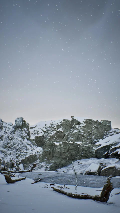 Vertical Snowy mountain range with a lone tree branch sticking out of the sno Stock Footage 292456764