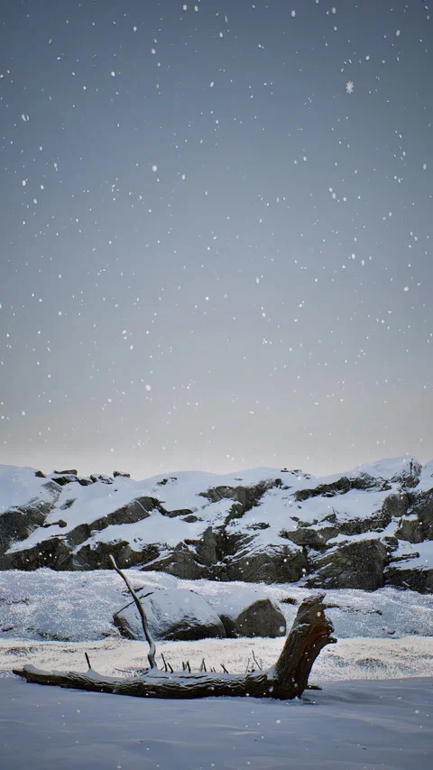 Vertical Snowy mountain range with a lone tree branch sticking out of the sno Stock Footage 292456771