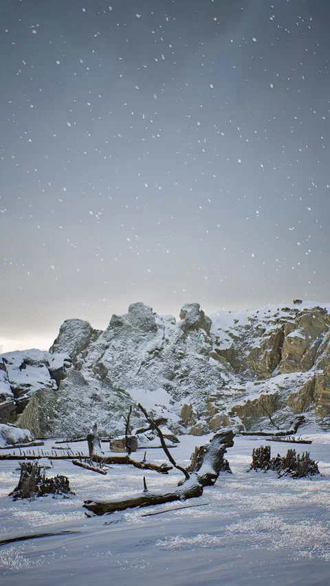Vertical Snowy mountain range with a lone tree branch sticking out of the sno Stock Footage 292456798