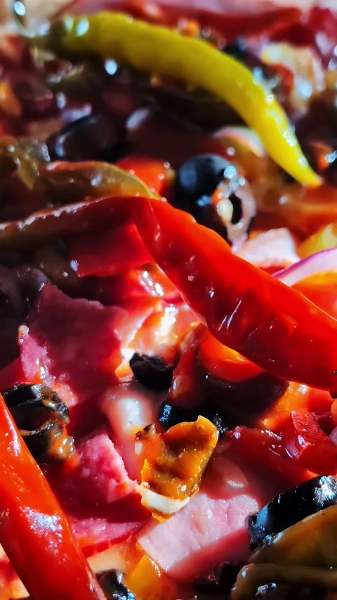 Vertical social ratio close-up video of various chillies, vegetables and meats Stock Footage 337093104