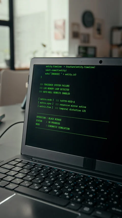 Vertical of Software Test Running on Black Screen of Laptop in Office Stock Footage 329610437